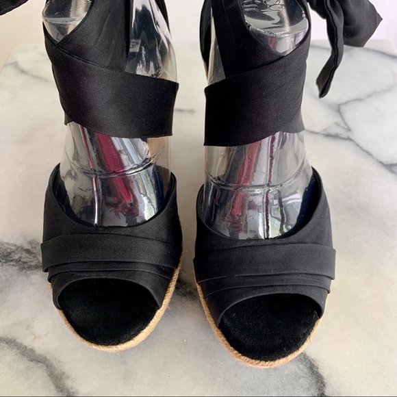 UGG espadrille wedge peekaboo toe sandal with ribbon ankle tie bow black fabric - Picture 7 of 8